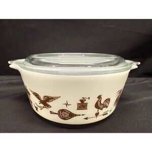 Vintage Pyrex Early American White and Brown 1.5 Pint Covered Casserole #474-B